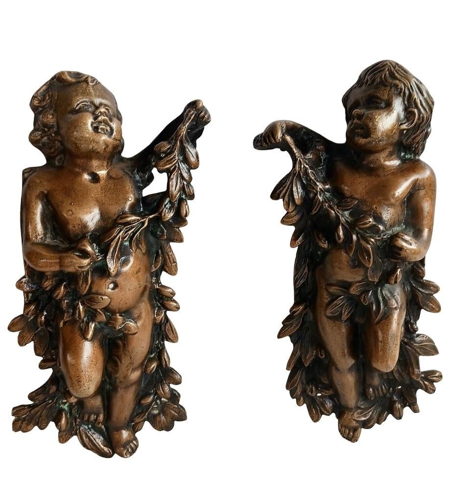 sculpture, Coppia di putti - 27 cm - Bronze patiné, Antiquités & Art, Enlèvement ou Envoi, Bronze