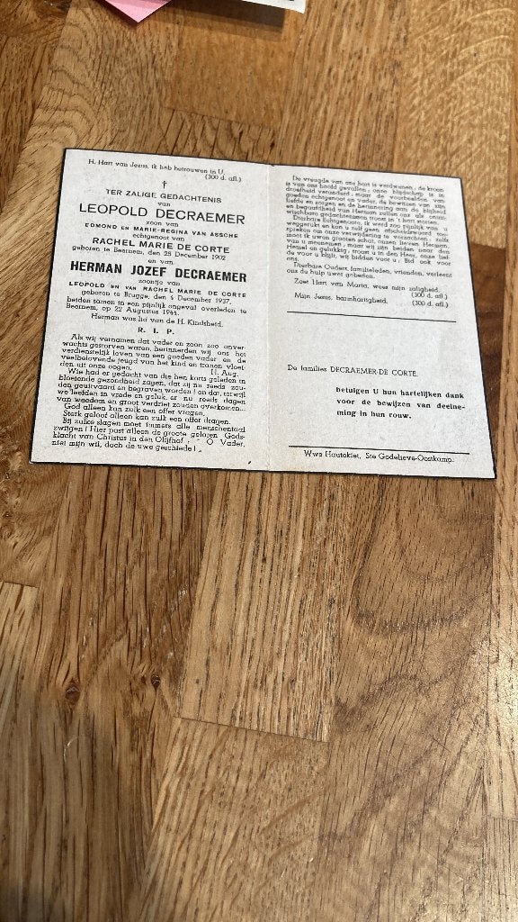 Oorlogsslachtoffer, Leopold Decraemer, De Corte, 1944, Verzenden, Bidprentje