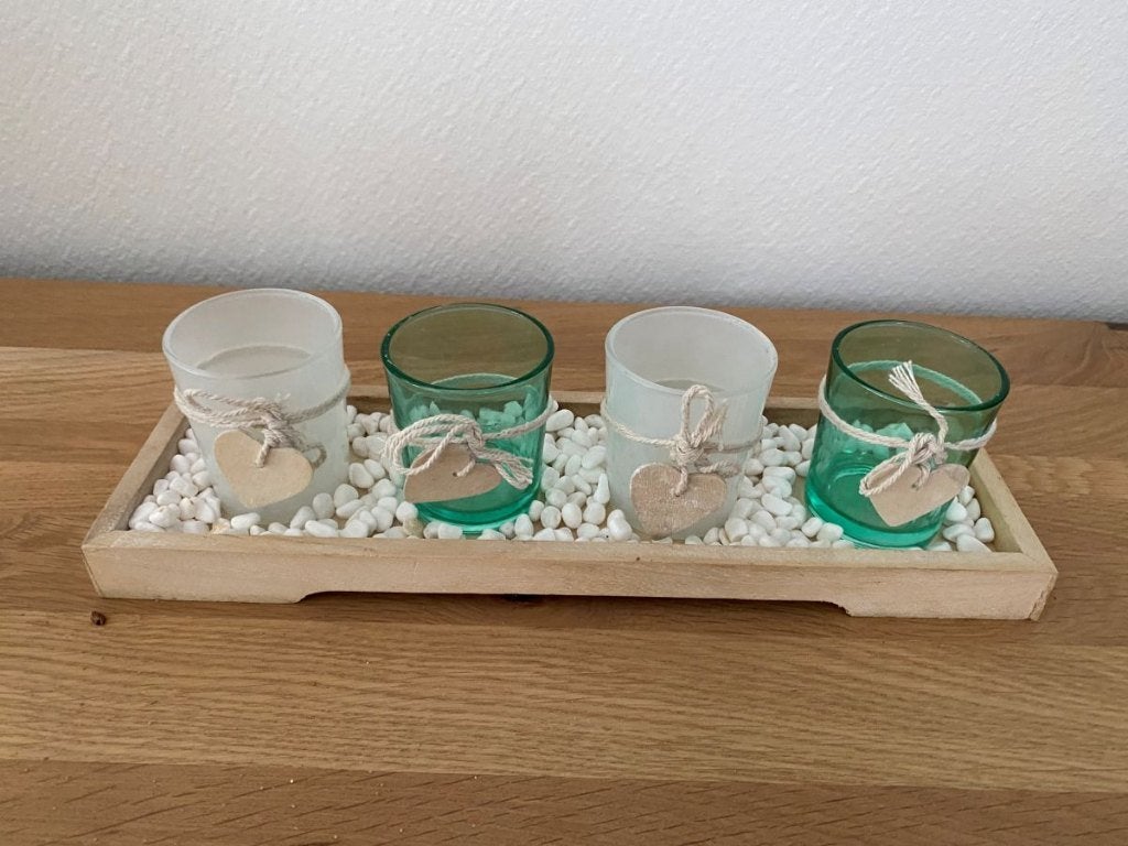 Landelijke decoratieset: dienblad met 4 waxinelichthouders, Ophalen, Gebruikt, Overige merken, Waxinelichthouder