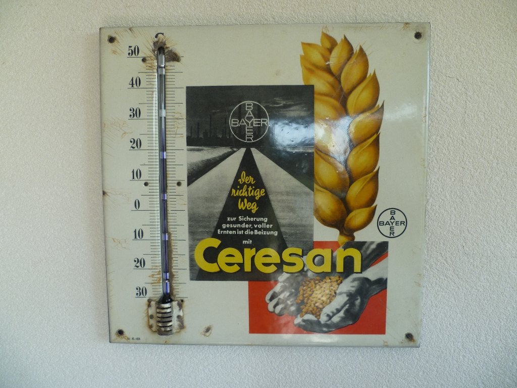 EMAILLE RECLAMETHERMOMETER"BAYER CERESAN"UIT 1983, Enlèvement ou Envoi, Utilisé, Panneau publicitaire