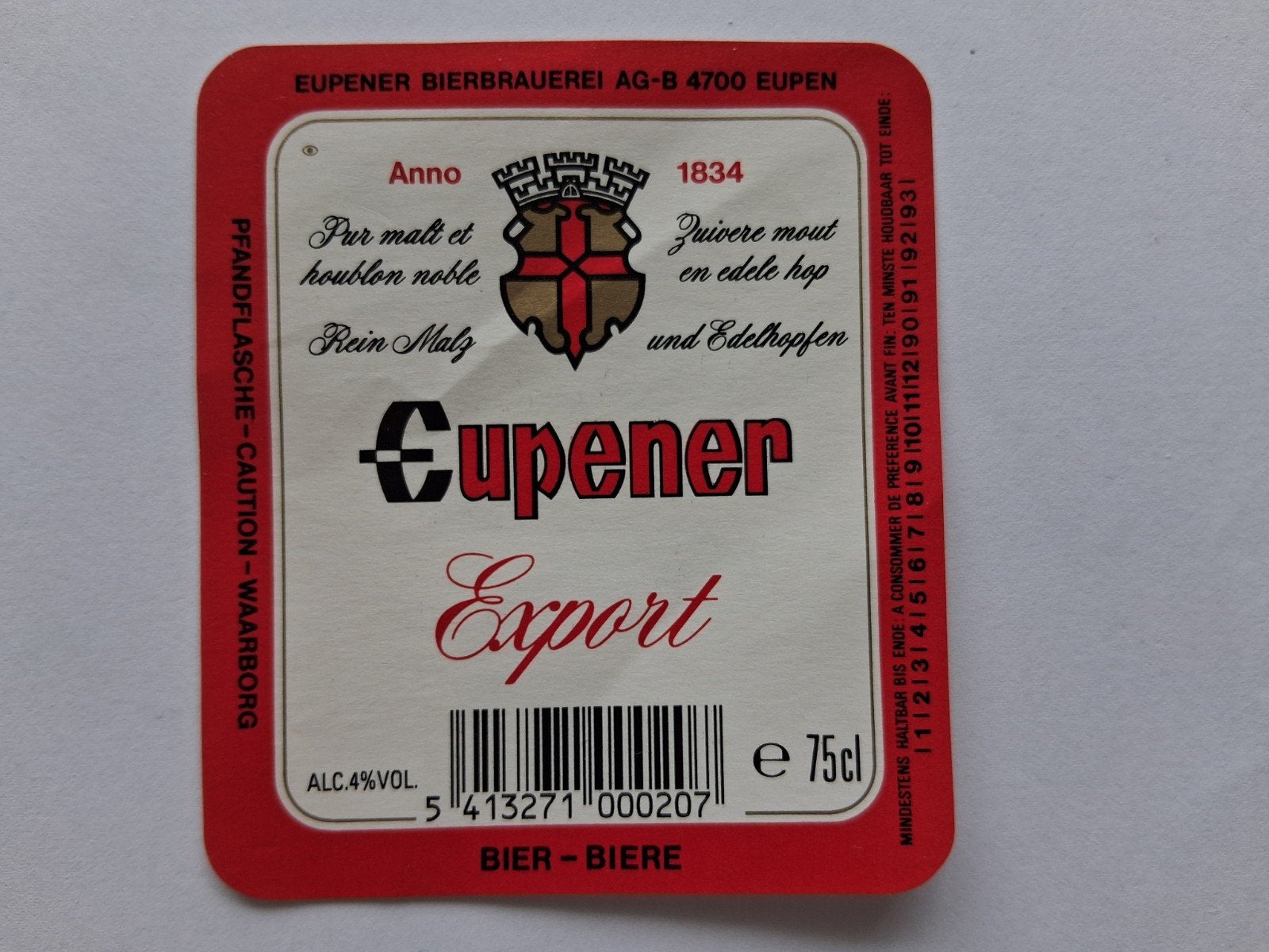 bieretiket Eupener Bierbrauerei Eupen: Export #1, Collections, Envoi, Utilisé, Autres types, Autres marques