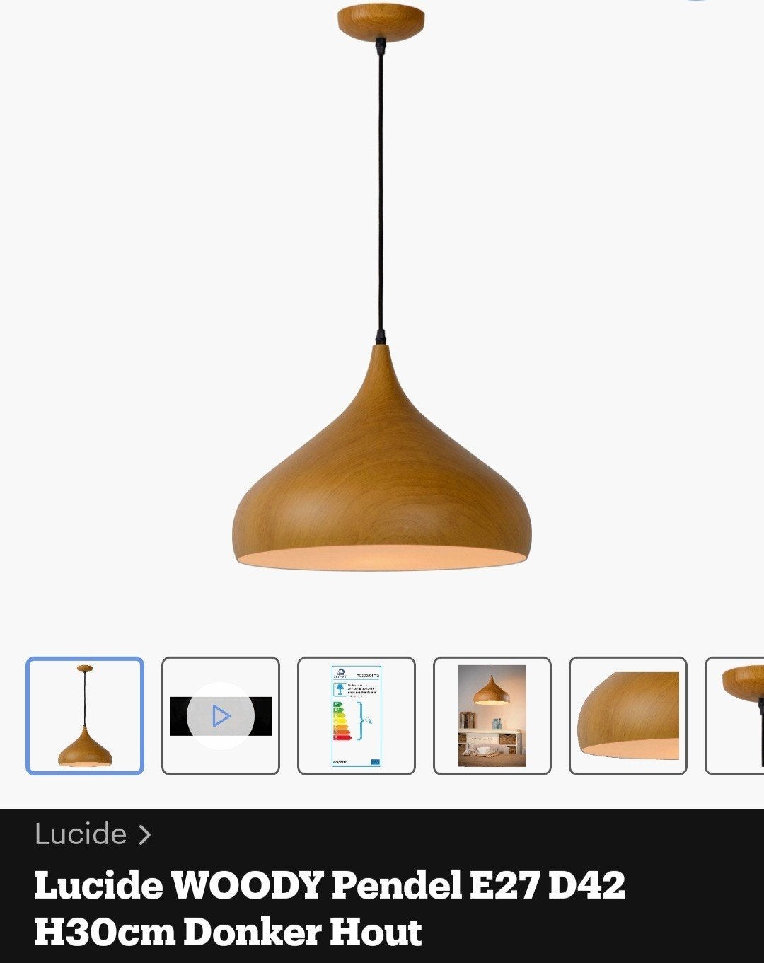 Lucide Woody Pendel E27 metaal/donker hout D42 H30, Ophalen of Verzenden, Gebruikt, Metaal, E27 (groot)