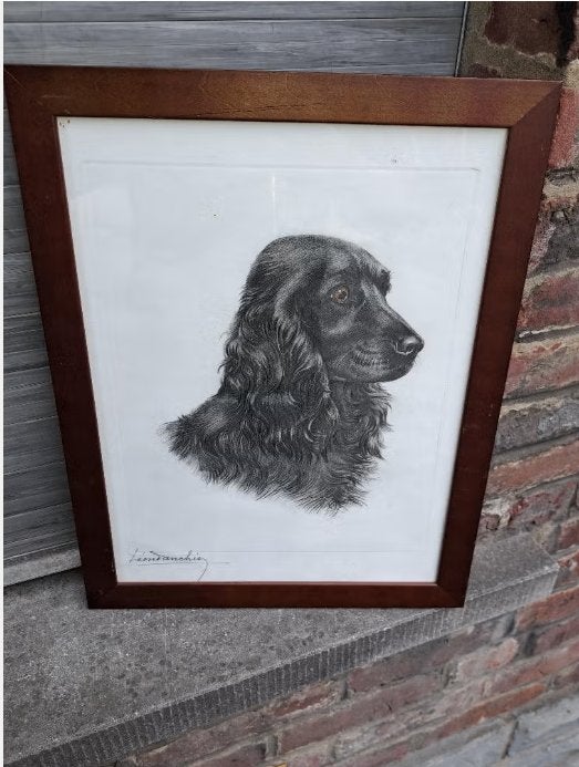 Gravure chien signe leon danchin, Antiquités & Art, Enlèvement ou Envoi, Gravure