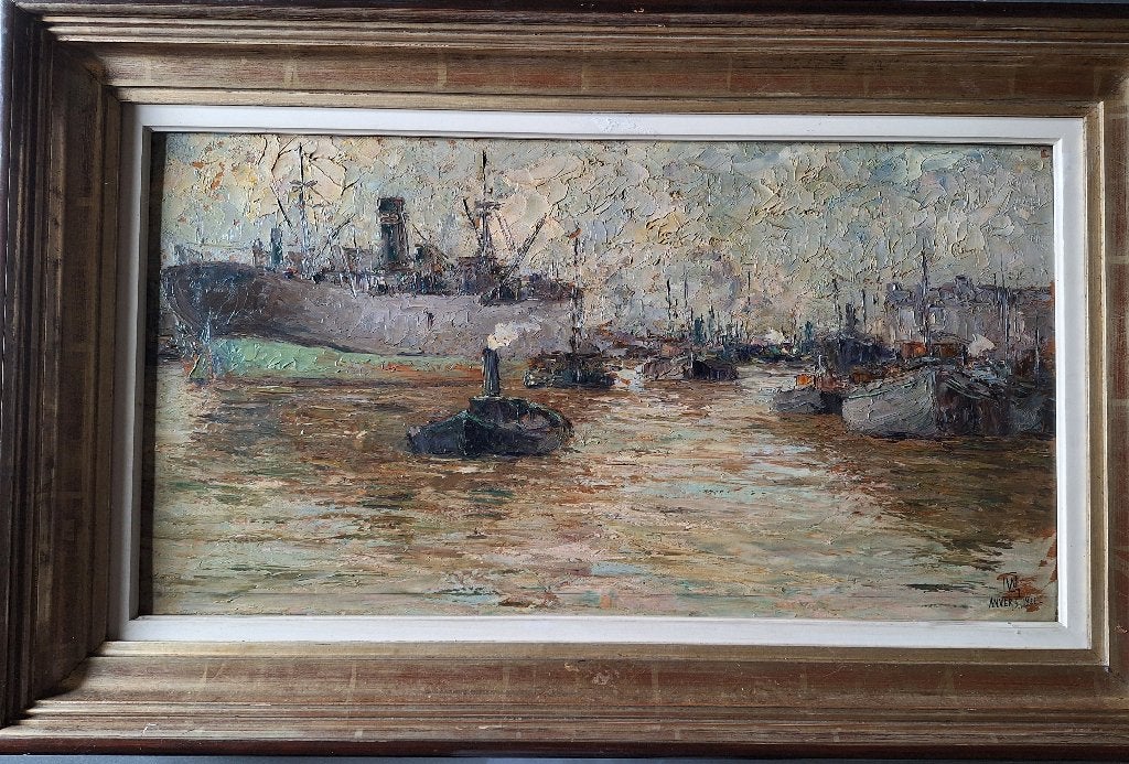 Schilderij haven van antwerpen 1922, Ophalen of Verzenden, Gesigneerd, Olieverf, Paneel