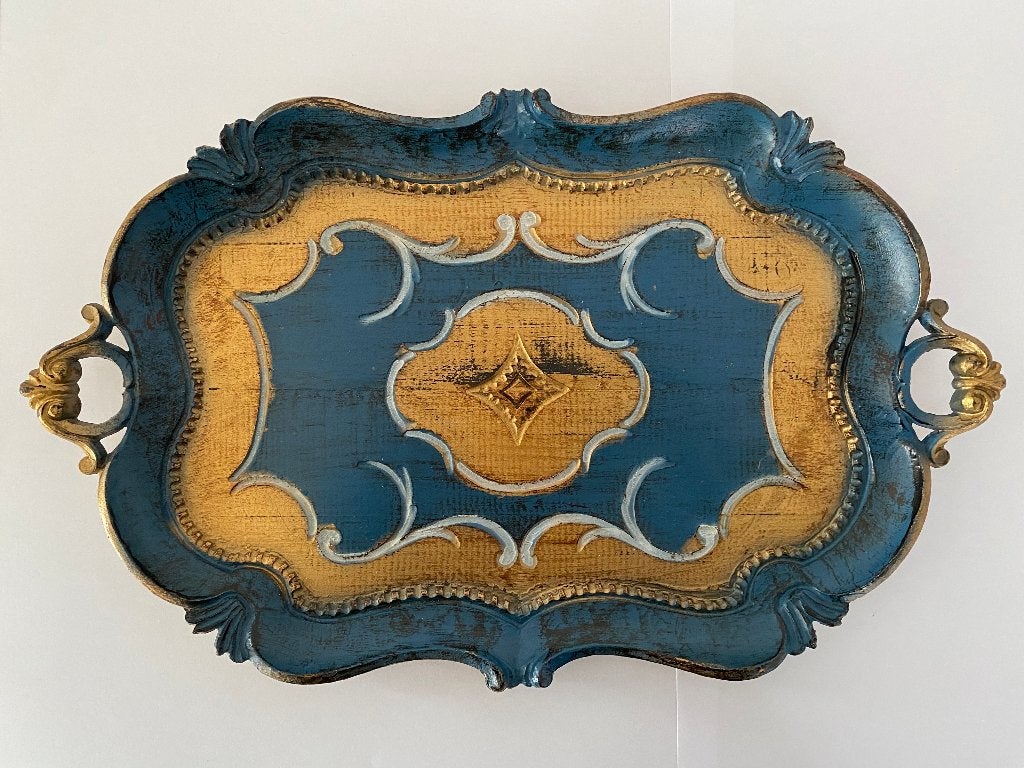 Vintage Florentine dienblad blauw/goud Italië 36cm, Ophalen, Gebruikt, Dienblad, Rechthoekig