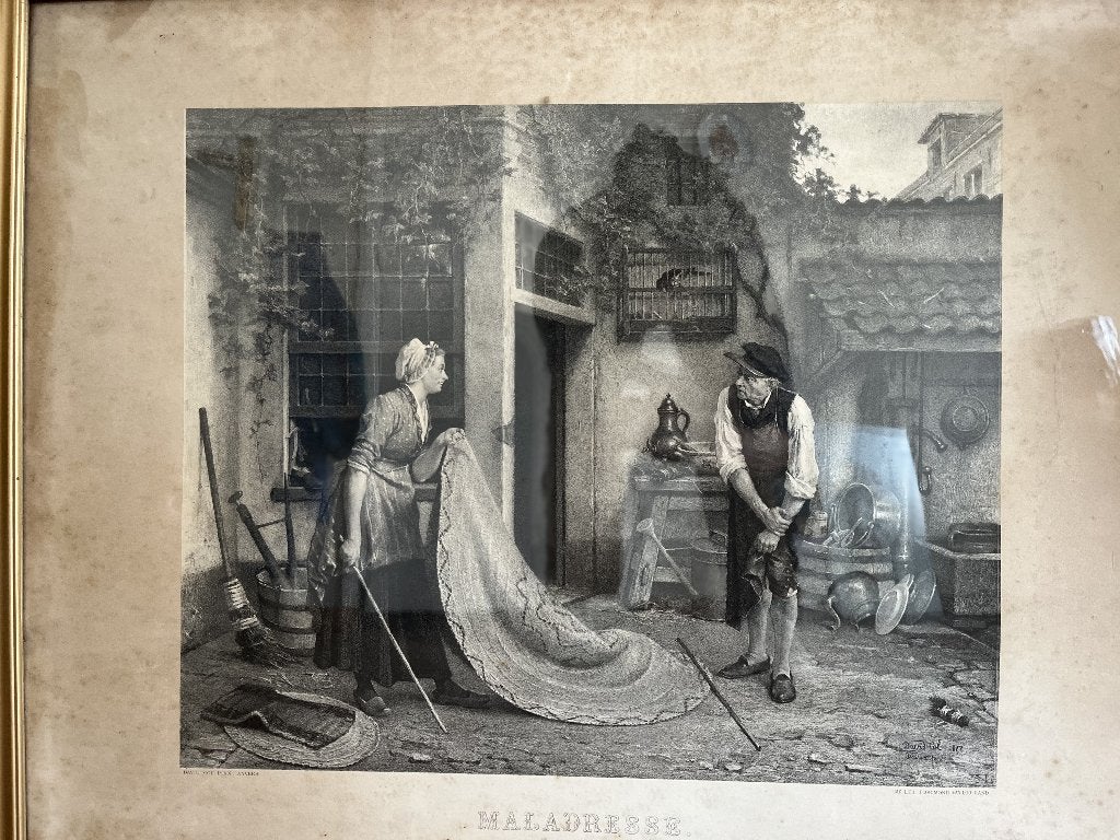 Print lithografie David Col 1872 Maladresse Florimond v Loo, Antiek en Kunst, Ophalen, Ingelijst, Klassiek, Print