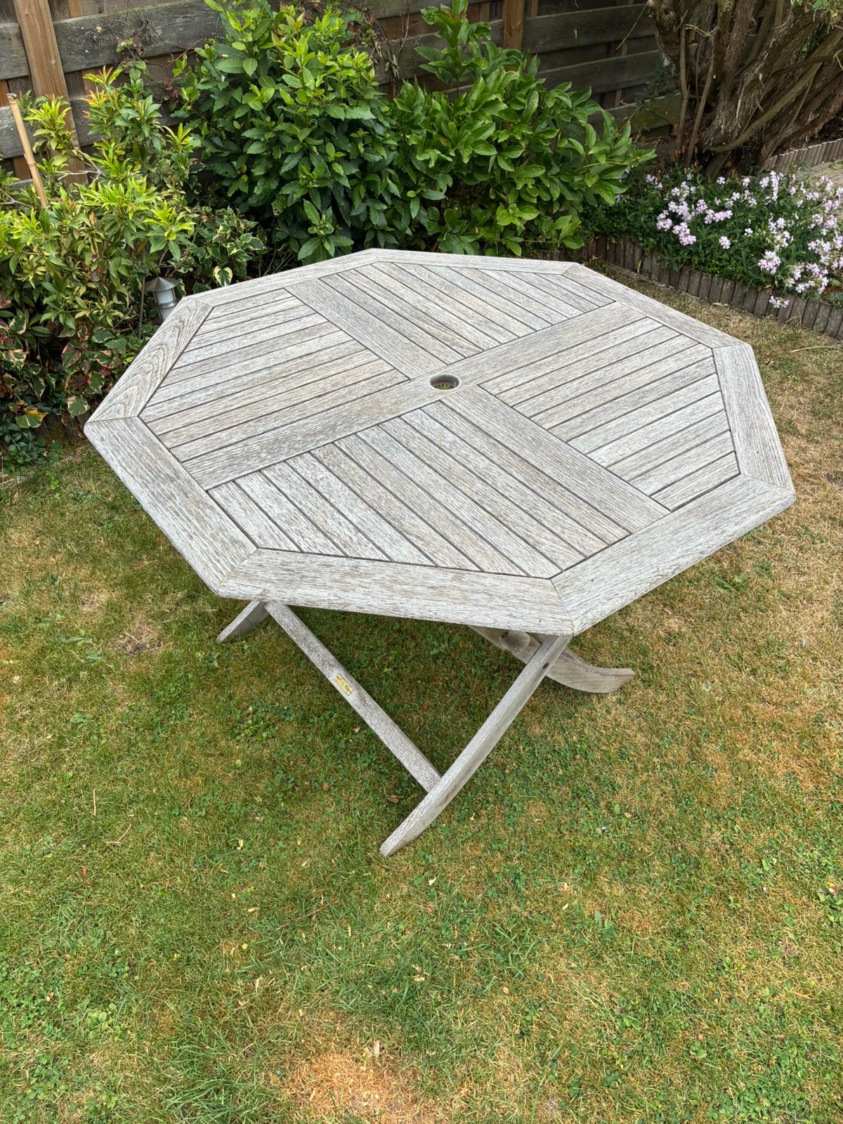 Plooitafel teak Bristol diameter 110cm, Ophalen, Gebruikt, Hout