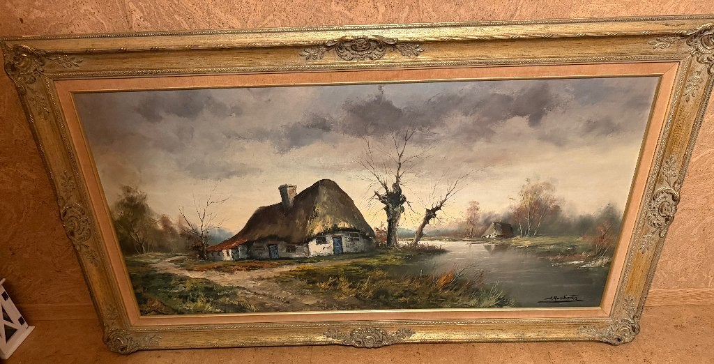 Schilderij J. Rombauts 150x82 Nostalgisch landschap, Ophalen, Doek, Gesigneerd, Landschap