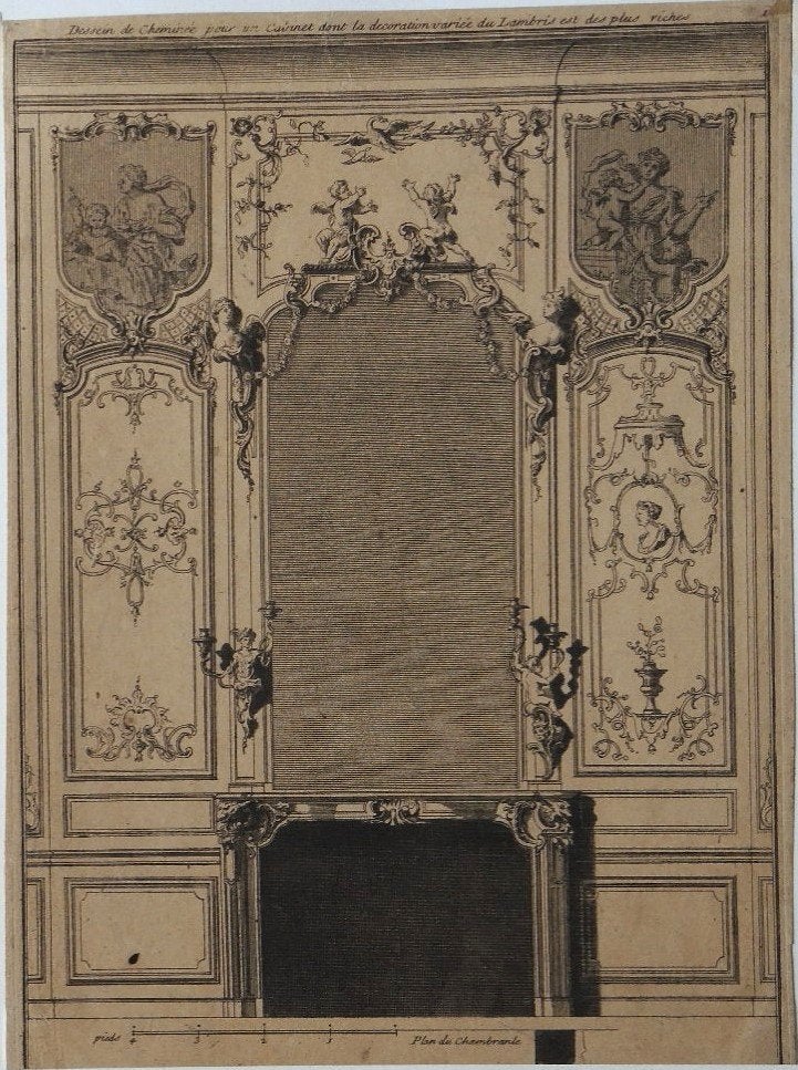 18e eeuwse gravure "Plan du Chambrante Dessein de Chéminée", Antiek en Kunst, Ophalen