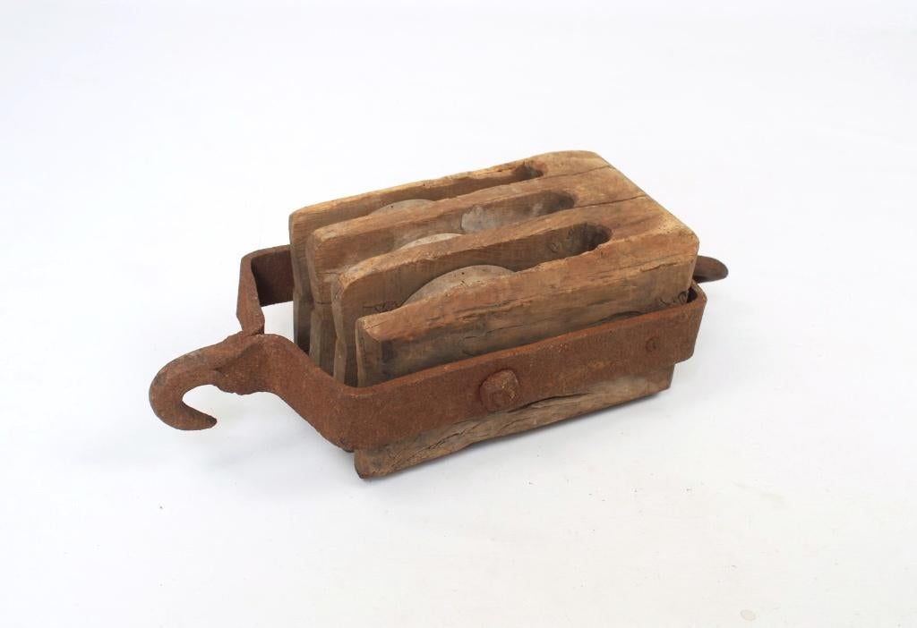 oude 3-voudige houten katrol, Antiek en Kunst, Ophalen of Verzenden