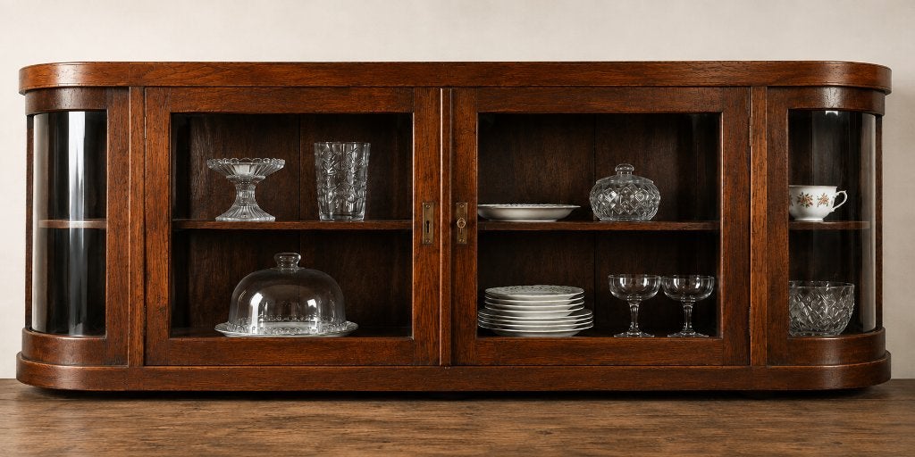 Eiken ophang vitrinekast gebombeerde hoeken geslepen glas, Ophalen