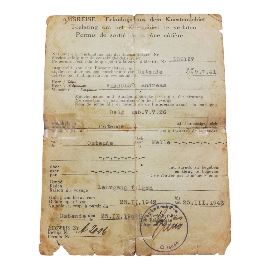 Ausreise - Erlaubnis aus dem Kuestengebiet - Ostende 42-44, Enlèvement ou Envoi, Autres, Autres types