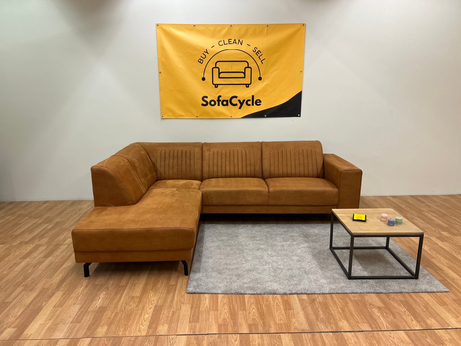Chaise d'angle Cognac avec pieds design - Nettoyée vvk, Enlèvement ou Envoi, Comme neuf, SofaCycle, Tissus