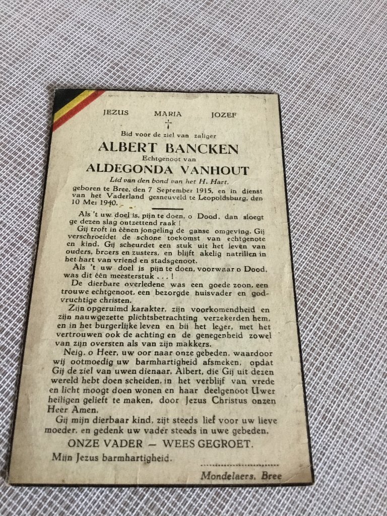 Soldat Bancken Bree tué à Leopoldsburg en mai 1940 WOII, Envoi, Image pieuse