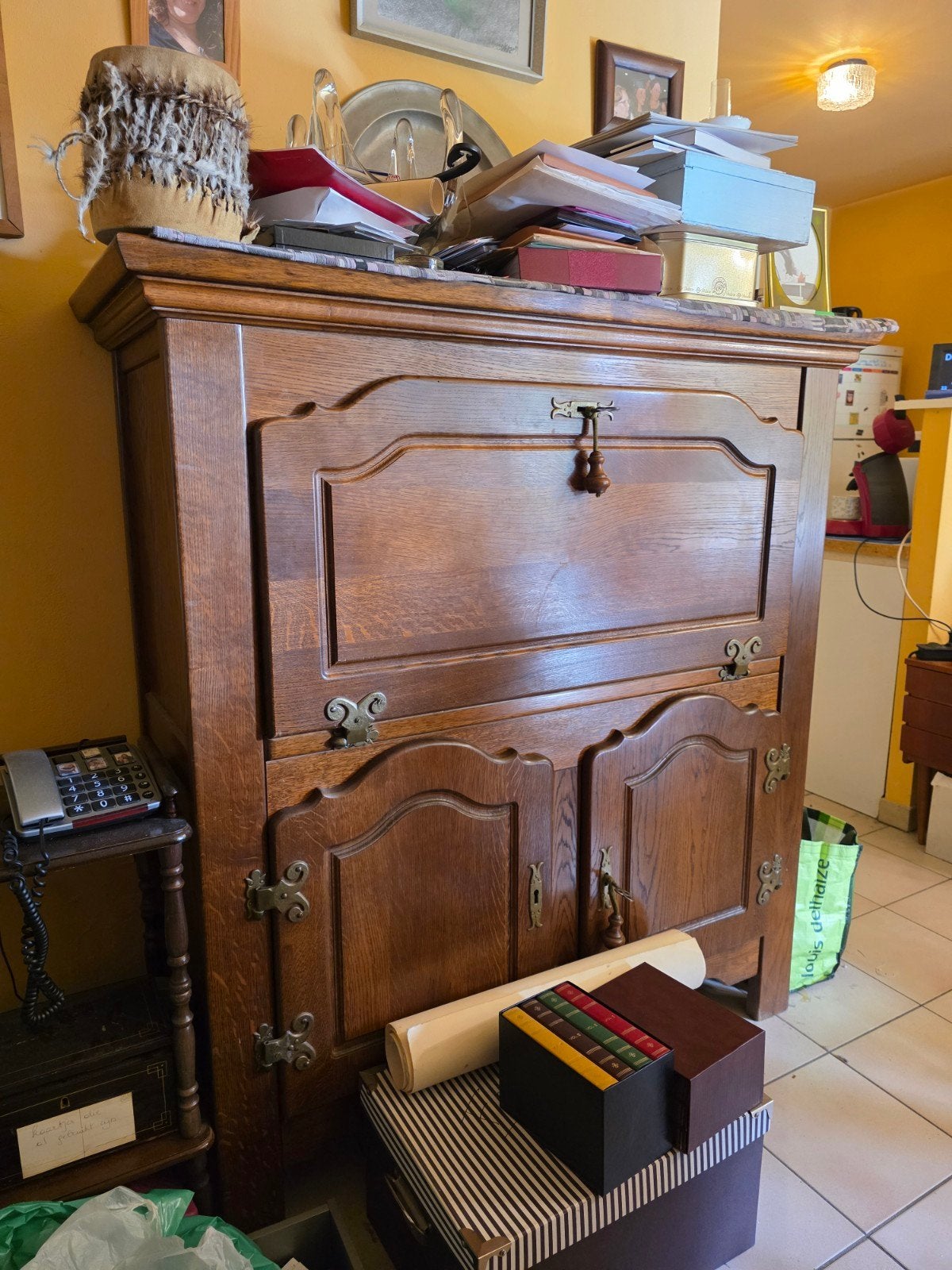 Klassieke eikenhouten secretaire, Ophalen, 100 tot 150 cm, Eikenhout, Met deur(en)