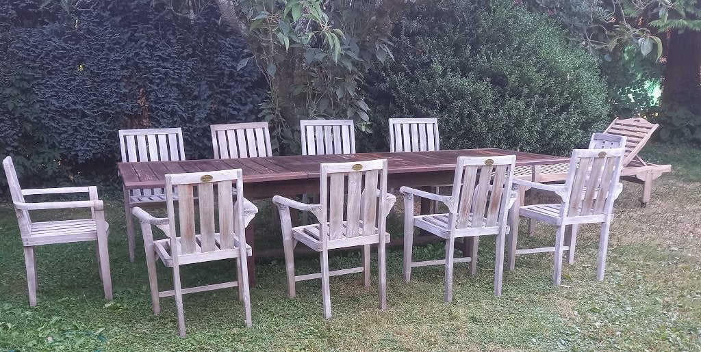 Teck massif : table 300 ou(260) ou(220)x 110cm /10 chaises, Enlèvement, Bois de teck