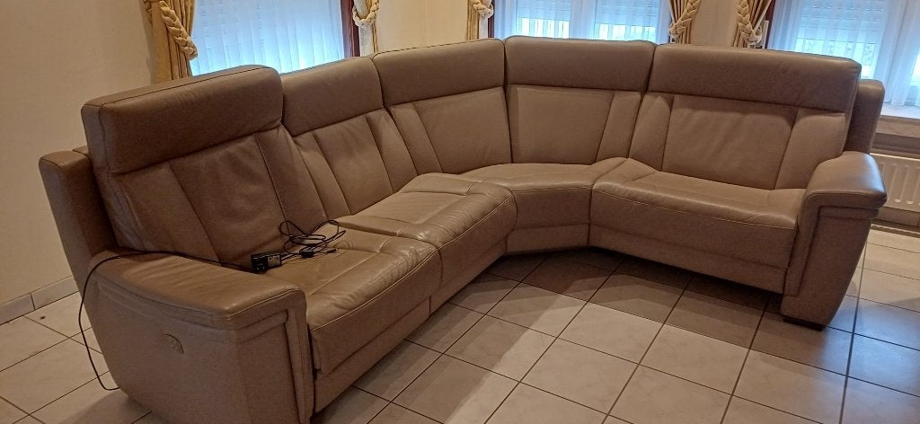 Lederen hoekzetel met relaxfunctie, Huis en Inrichting, Ophalen, Hoekbank, Zo goed als nieuw, 200 tot 250 cm