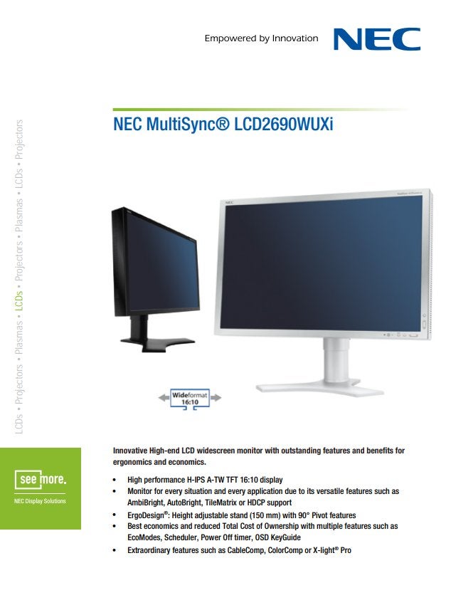 NEC MultiSync LCD2690WUXi Zwart, Informatique & Logiciels, Gaming, DVI, IPS, 5 ms ou plus