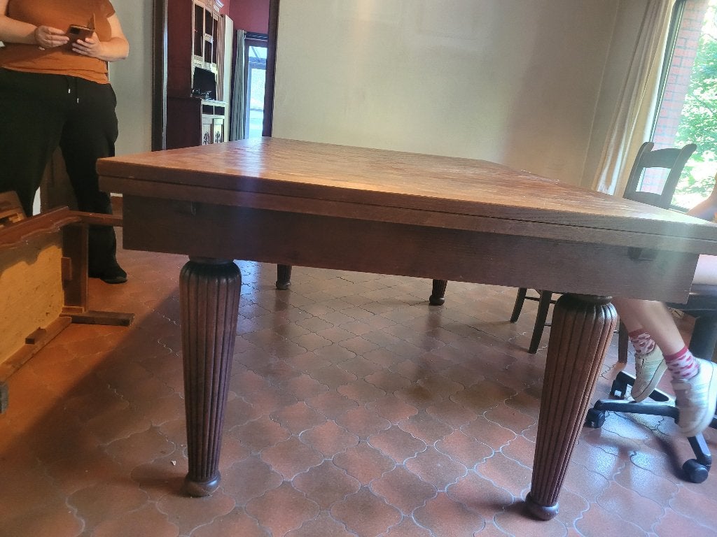 grote houten eettafel met mooi inlegwerk, Huis en Inrichting, Ophalen, Gebruikt, 100 tot 150 cm, Eikenhout