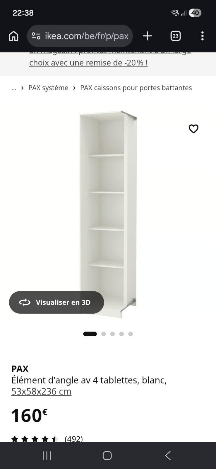 Armoire Pax d’angle Ikea blanche 236cm, Maison & Meubles, Enlèvement