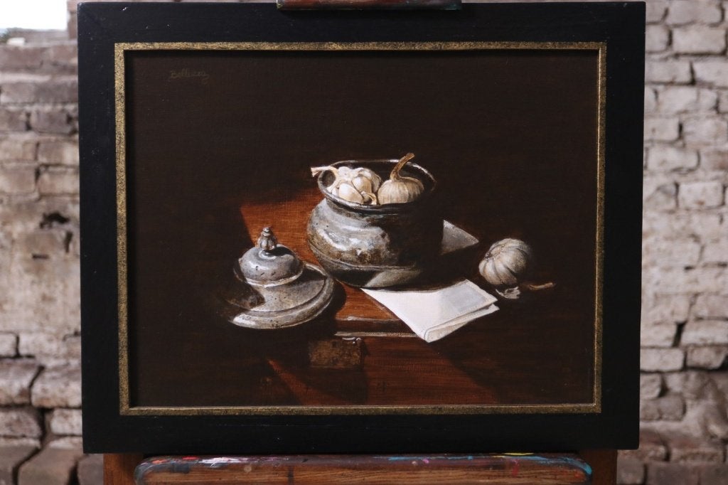 Stilleven tinnen pot en knoflook – Marjolein van den Berg, Textile, Signé, Peinture acrylique, Enlèvement