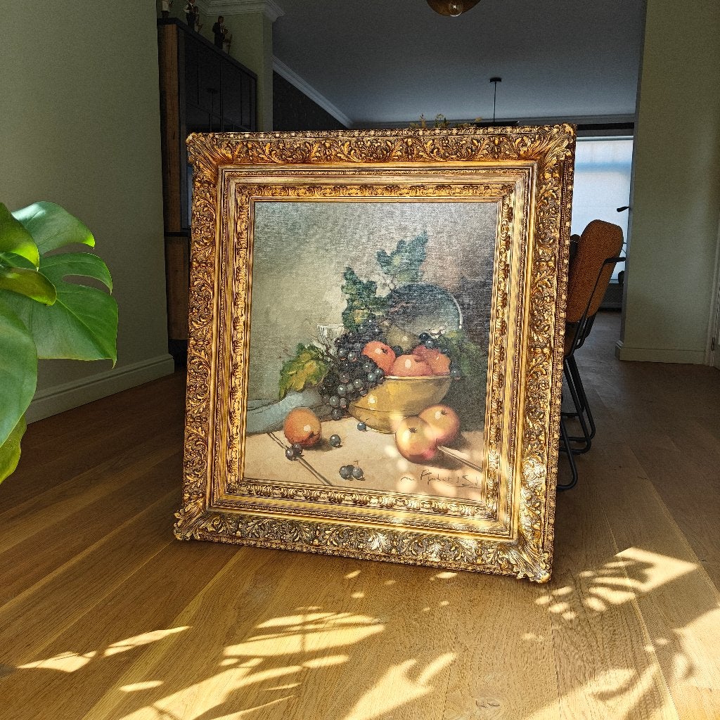 Stilleven met fruit in een vergulde lijst 108cm, Antiek en Kunst, Kunst | Schilderijen | Klassiek, Ophalen, Doek, Stilleven, Klassiek