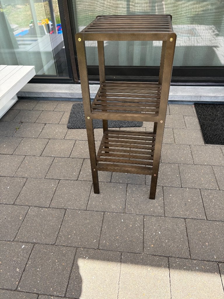 Donkerbruine 3-laagse bijzettafel / plantenrek, Ophalen, Gebruikt