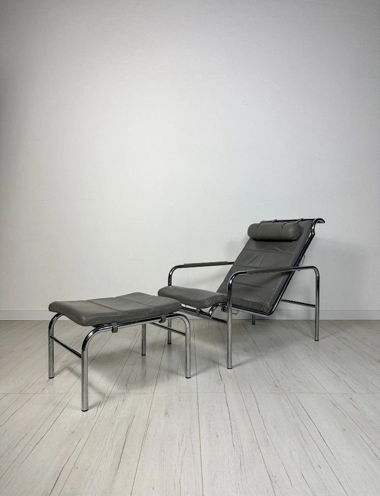 Fauteuil Genni Gabriele Mucchi + ottoman Zanotta cuir, Moins de 75 cm, Cuir, Vintage Mid-Century Design, Enlèvement