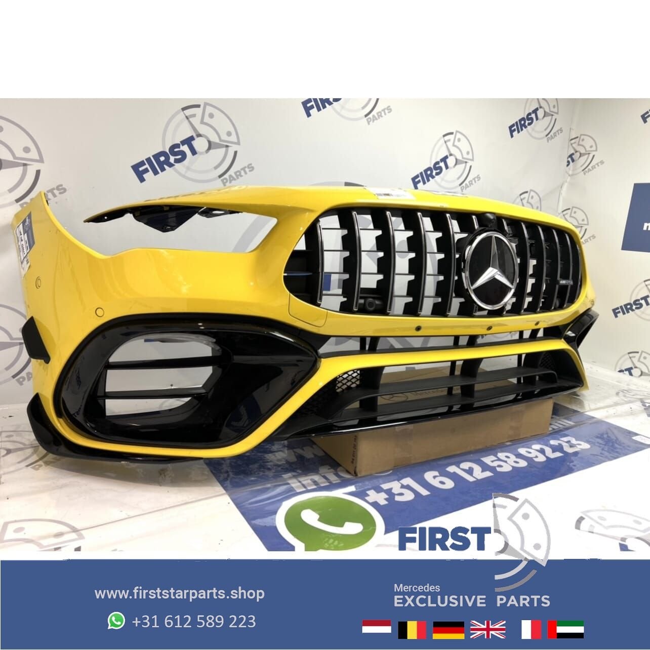 W118 CLA 45 CLA45S AMG GT VOORBUMPER GEEL COMPLEET CLA45 AER, Gebruikt, -, Voor, Ophalen of Verzenden