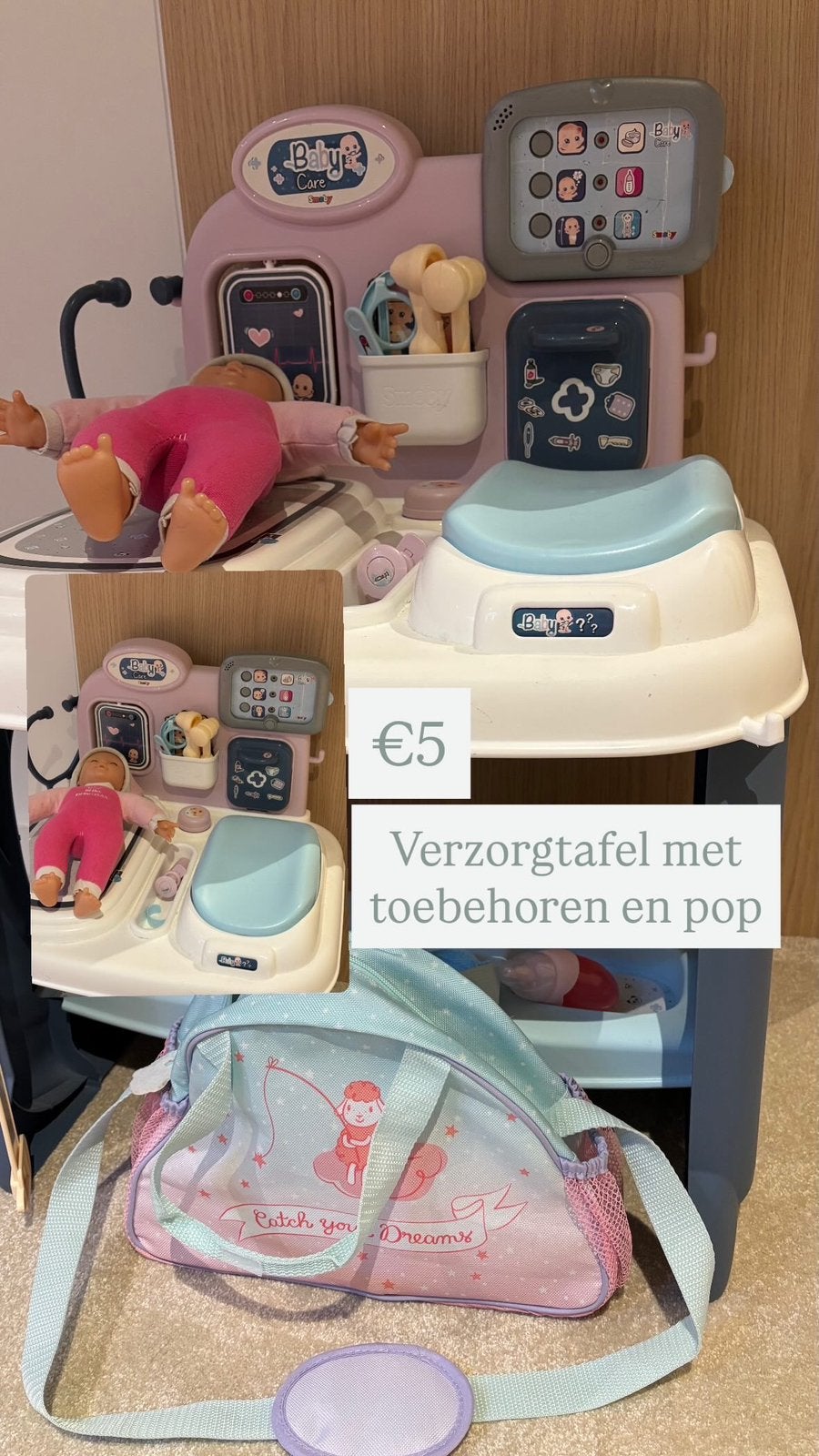 Poppen verzorgtafel incl. Pop, Kinderen en Baby's, Speelgoed | Poppen, Ophalen, Zo goed als nieuw