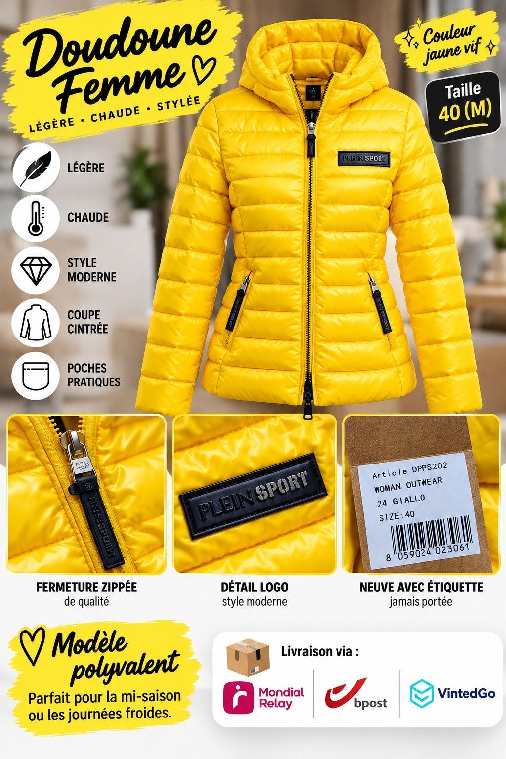 Neuf doudoune pleinsport jaune taille 40, Enlèvement ou Envoi, Jaune
