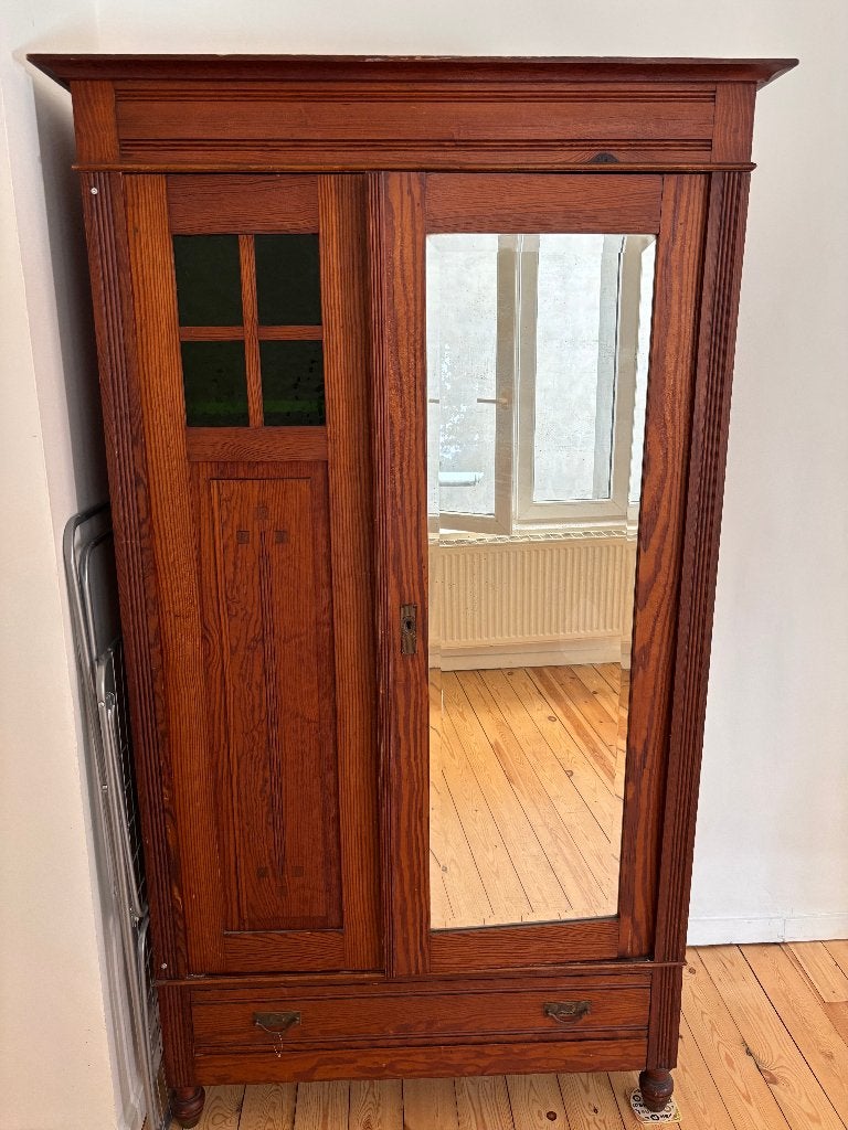 Antique Solid Wood Wardrobe with Mirror, Huis en Inrichting, Ophalen, Gebruikt, 200 cm of meer, Jugendstil, Art Nouveau
