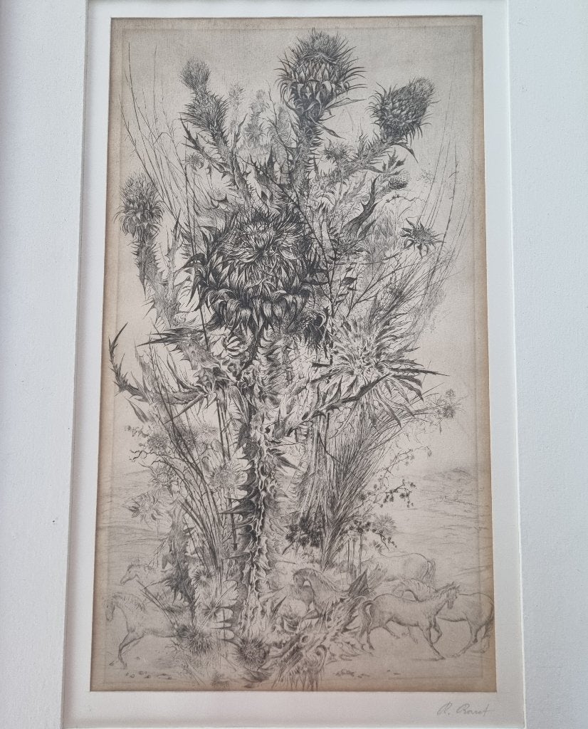 Gravure unique R. Borret — Botanic/Horses, Eau-forte, 1950 - 1999, Faune et Flore, Signé