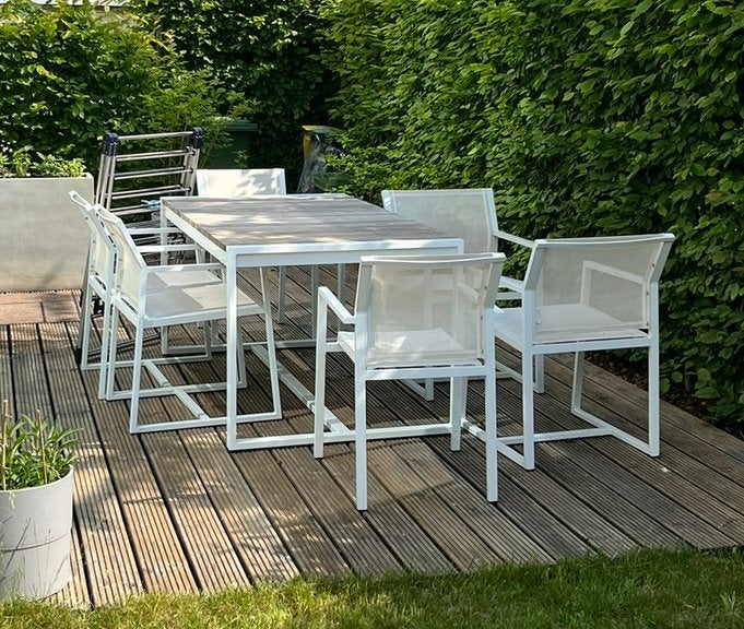 Buitentafel + 6 stoelen wit aluminium + teak tafelblad, Ophalen, Gebruikt, Rechthoekig, Aluminium