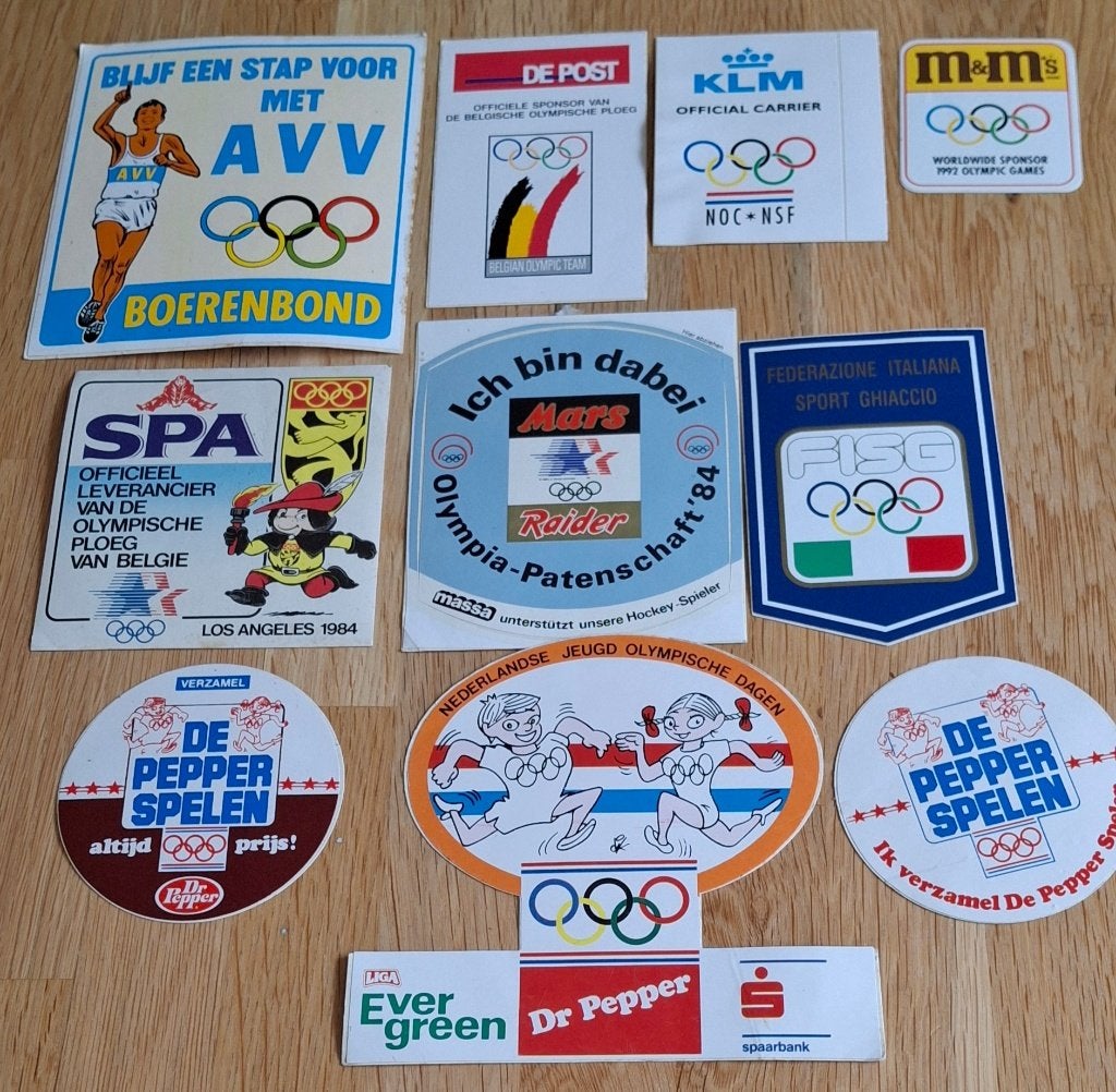Lot stickers : Olympische ringen Spelen Dr. Pepper Ava KLM, Verzamelen, Ophalen of Verzenden, Zo goed als nieuw, Bedrijf of Vereniging