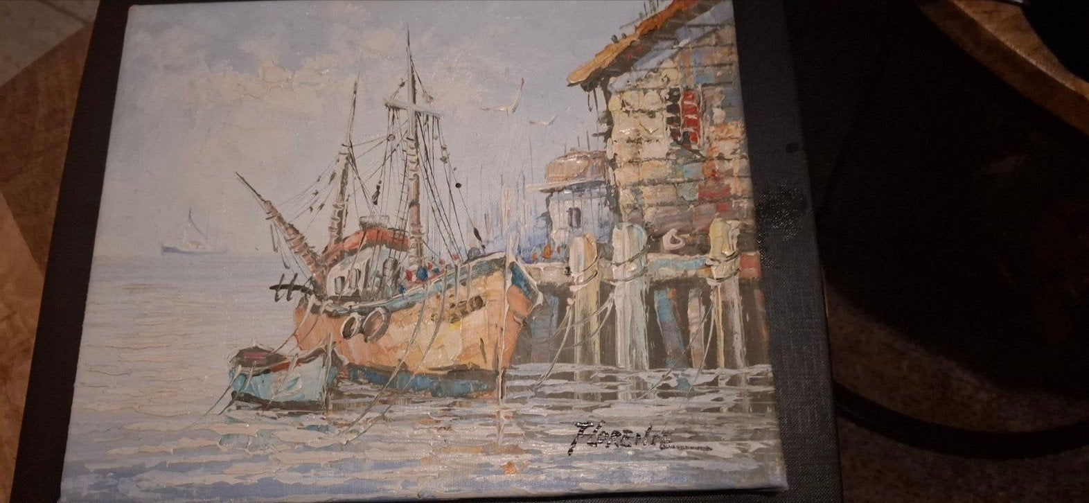 très beau bateau à peindre sur le quai, Peinture à l'huile, Signé, Enlèvement, Toile