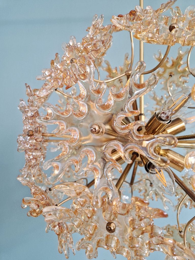 Grote Sputnik-kroonluchter in amberkleurig Murano-glas, 1960, Antiek en Kunst, Ophalen