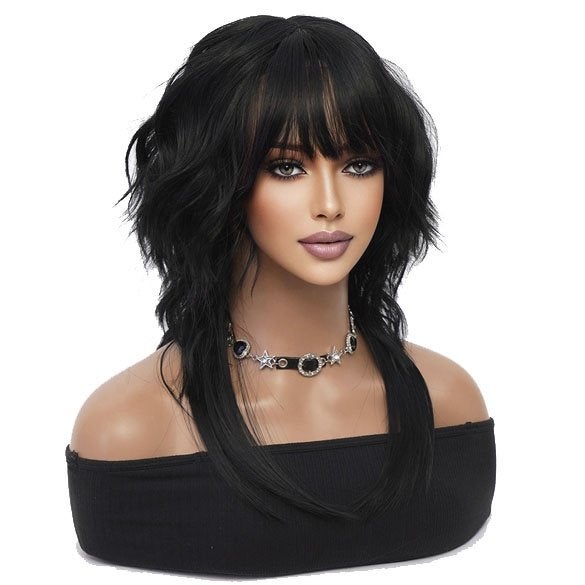 Trendy wavy 80's pruik zwart haar met langere onderlaag, Verzenden, Nieuw