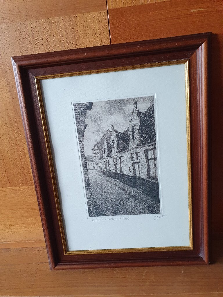 Originele ets van Eric Meuleman – "Korte Schipgracht (Gent)", Ophalen, Stadsgezicht, 35 cm, Met tekst