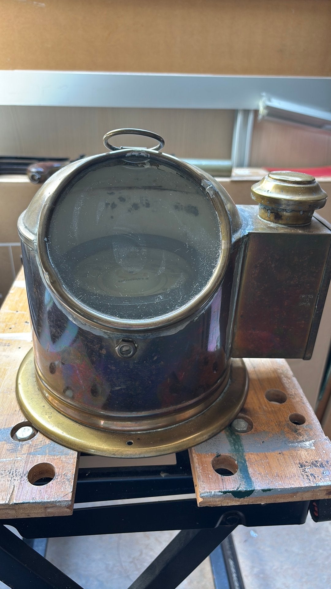 Vintage koperen scheepskompashuis (binnacle) met olielampje, Antiek en Kunst, Ophalen, Koper
