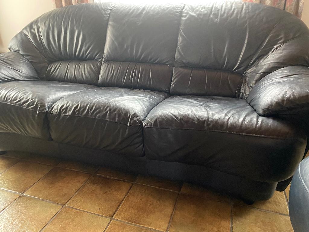 Salon leder donker blauw 2 en 3 zit it, Ophalen, Gebruikt, 150 tot 200 cm, Rechte bank