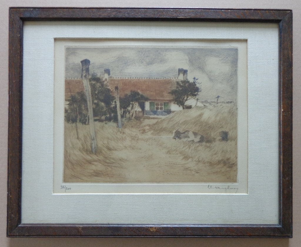 JAN VAN LOOY / HOEVE / KLEURETS / 37x46cm / KADER / SIG, Antiek en Kunst, Gelimiteerde oplage, Ophalen of Verzenden, Landschappen