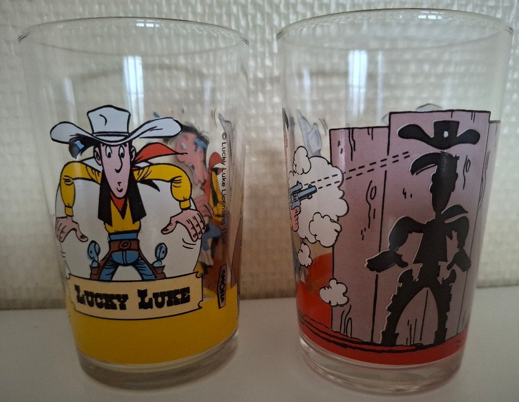 4 glazen Amora : Robbedoes/Lucky Luke/Ducktales (1994/1996), Verzamelen, Ophalen of Verzenden, Nieuw