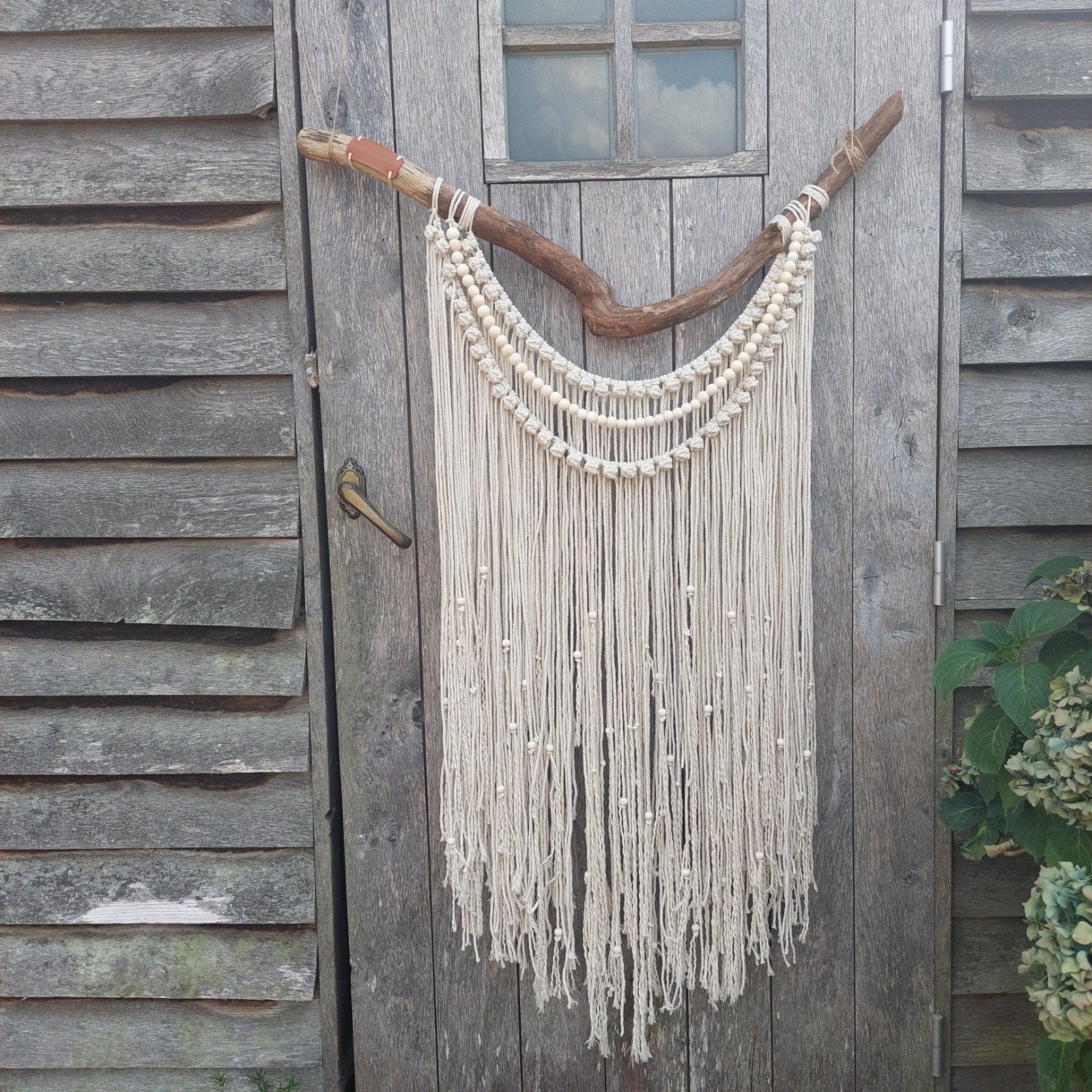 Macramé met houten parels, Beige, Boho, Wandkleed, Nieuw