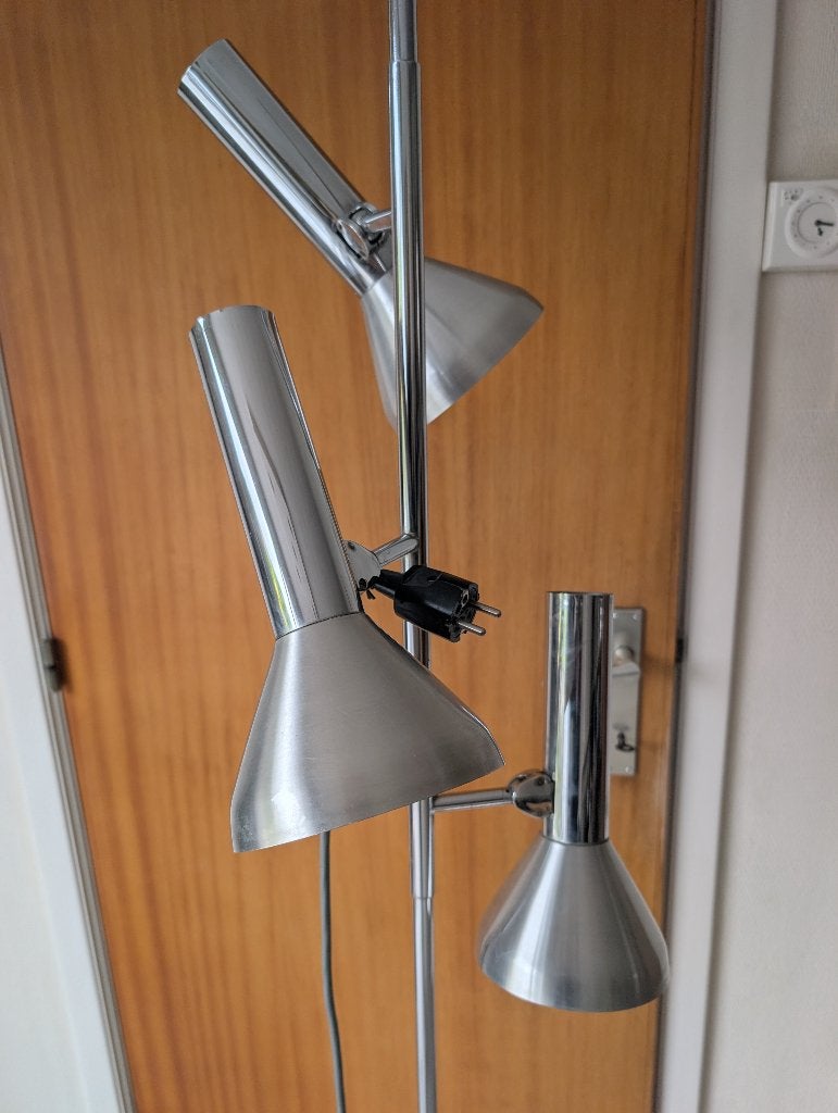 Retro Design Vloerlamp met 3 Verstelbare Chromen Spots, Enlèvement, Utilisé, Métal, 150 à 200 cm
