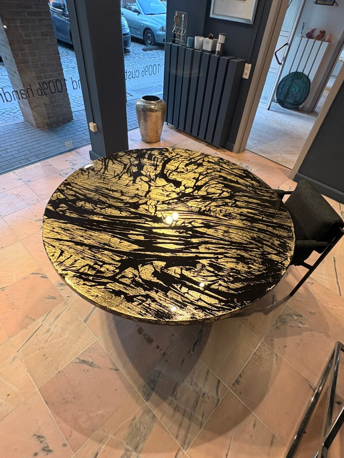RONDE EETTAFEL — Zwart epoxy goudblad, 150cm, Ophalen, Overige materialen, Leonardo, 150 tot 200 cm