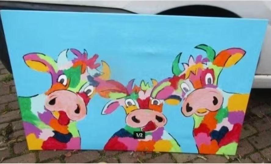 Mooi Modern Geschilderd werk 'Kleurrijke Koetjes' - 115x75, Ophalen of Verzenden, Olieverf, Dieren