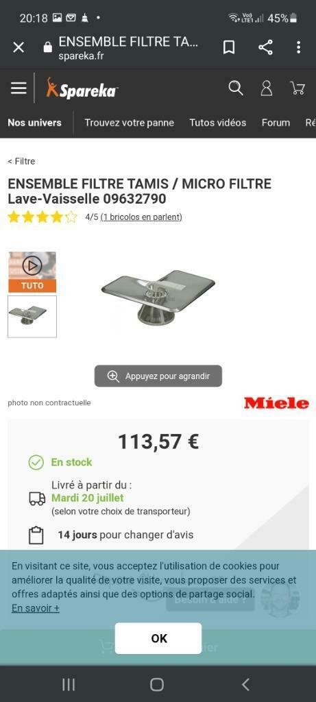 Filtre tamis inox Miele G118 ou  équivalence, Electroménager, Enlèvement ou Envoi, Comme neuf