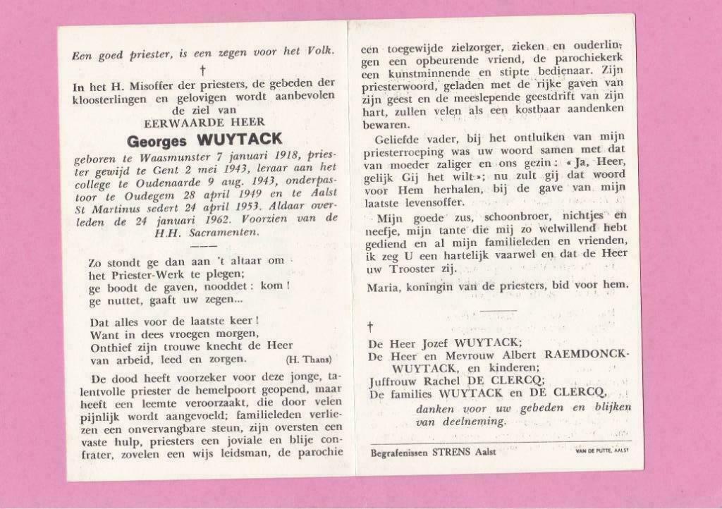 DP Priester Georges Wuytack, Verzamelen, Bidprentjes en Rouwkaarten, Verzenden, Bidprentje