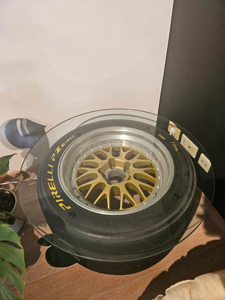 Porsche gt3 wiel salontafel mancave, Ophalen, Glas, 50 tot 100 cm, Rond